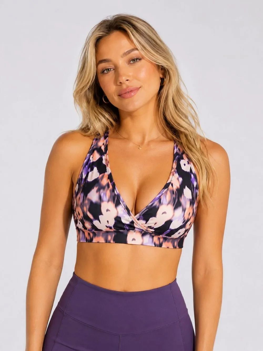 Handful Fav Bra Blossom Crossover Sports Bra in Purple & Black